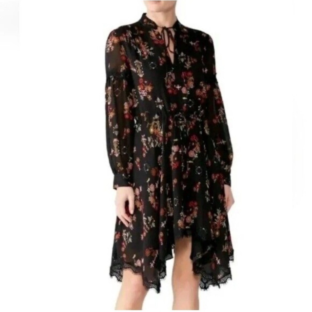 Derek Lam 10 Crosby Long Sleeve Black Floral Silk Pull Cord Waist Mini Dress 12